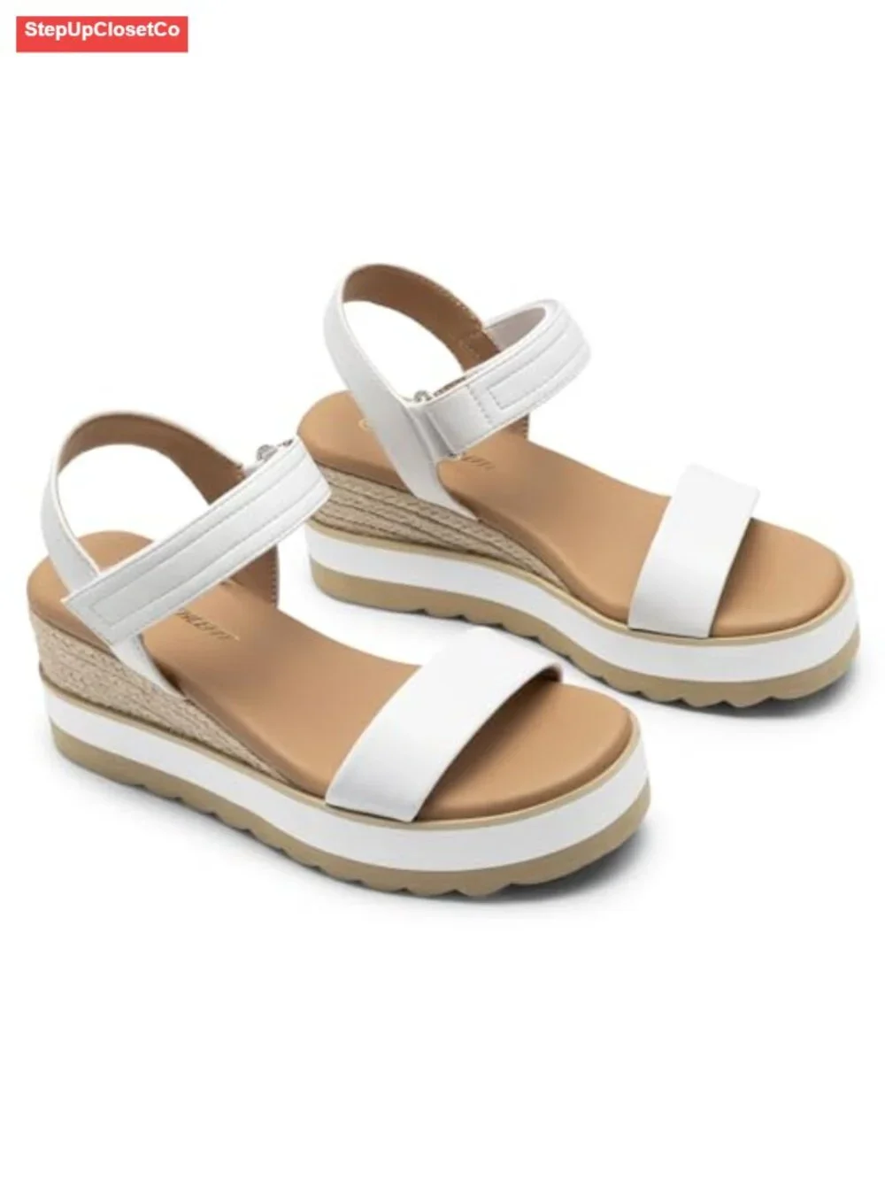 Espadrille Wedge Sandals, Open Toe Ankle Strap Low Heel Platform Sandals, PU